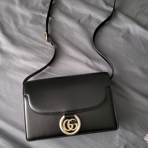 Gucci GG Ring Black Leather Torchon Shoulder Bag Small